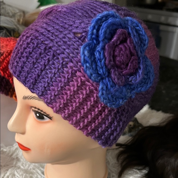 Hand Made Accessories - Vibrant Purple Knit Beanie with Blue Flower
